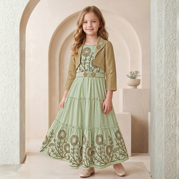 Girls Green Party wear Long Middy with Embroidery Jacket