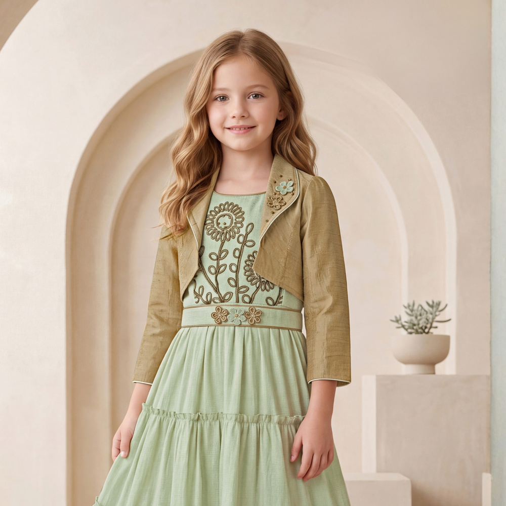 Girls Green Party wear Long Middy with Embroidery Jacket