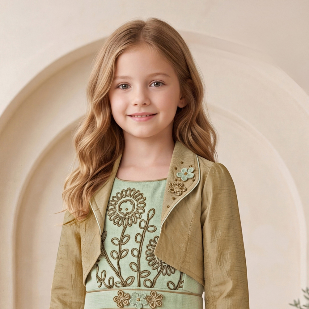 Girls Green Party wear Long Middy with Embroidery Jacket
