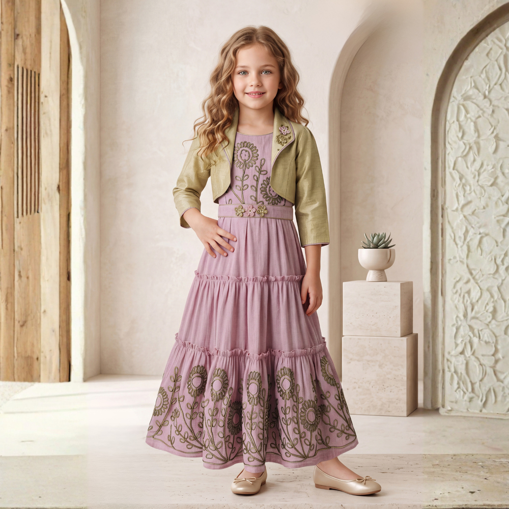 Girls Pink Party wear Long Middy with Embroidery Jacket
