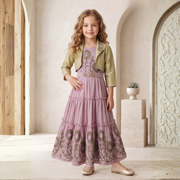 Girls Pink Party wear Long Middy with Embroidery Jacket
