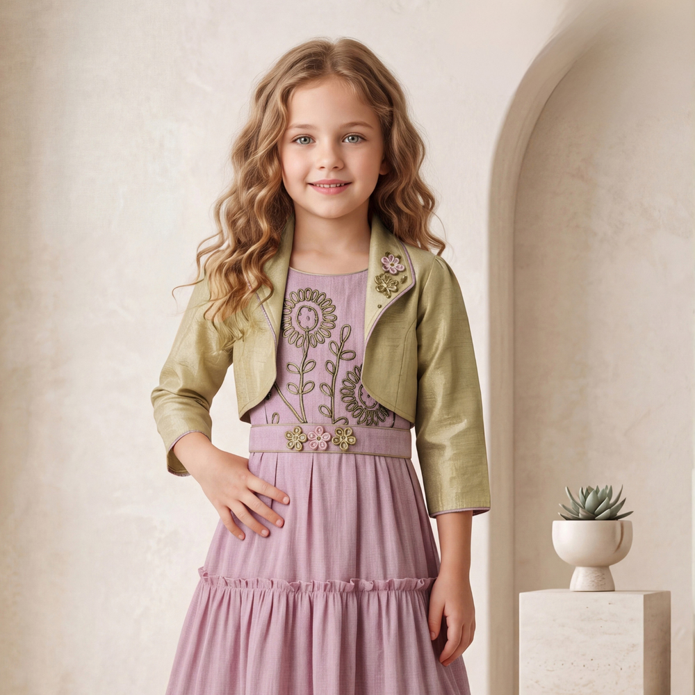 Girls Pink Party wear Long Middy with Embroidery Jacket