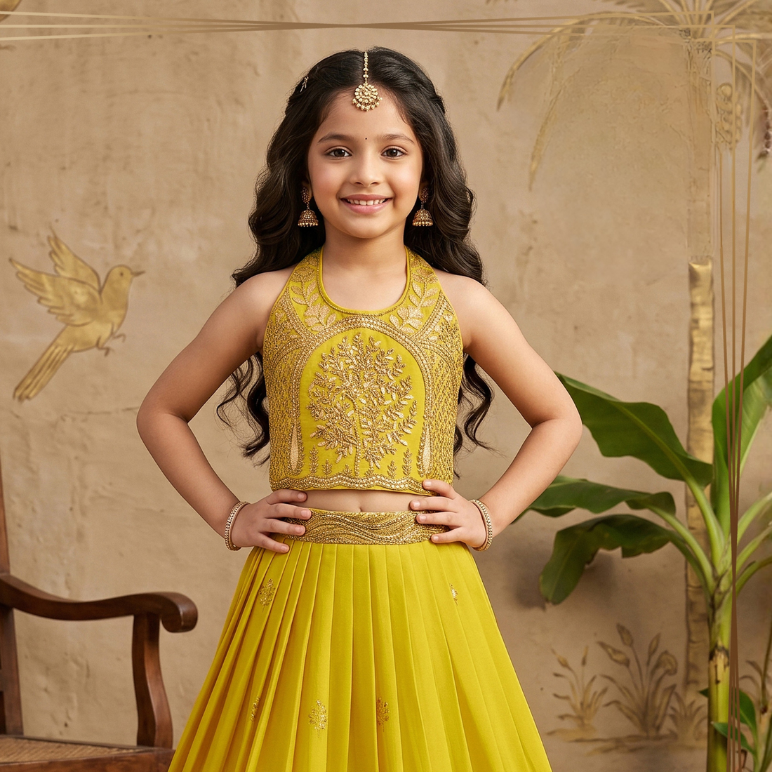 Girls Yellow Embroidered Lehenga Choli Set