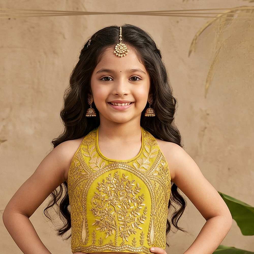 Girls Yellow Embroidered Lehenga Choli Set