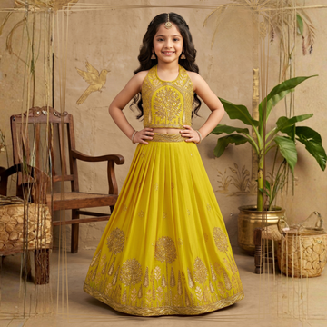 Girls Yellow Embroidered Lehenga Choli Set