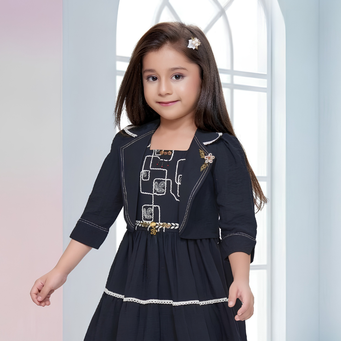 Stylish Black Frock With Sequins Overcoat For Girls