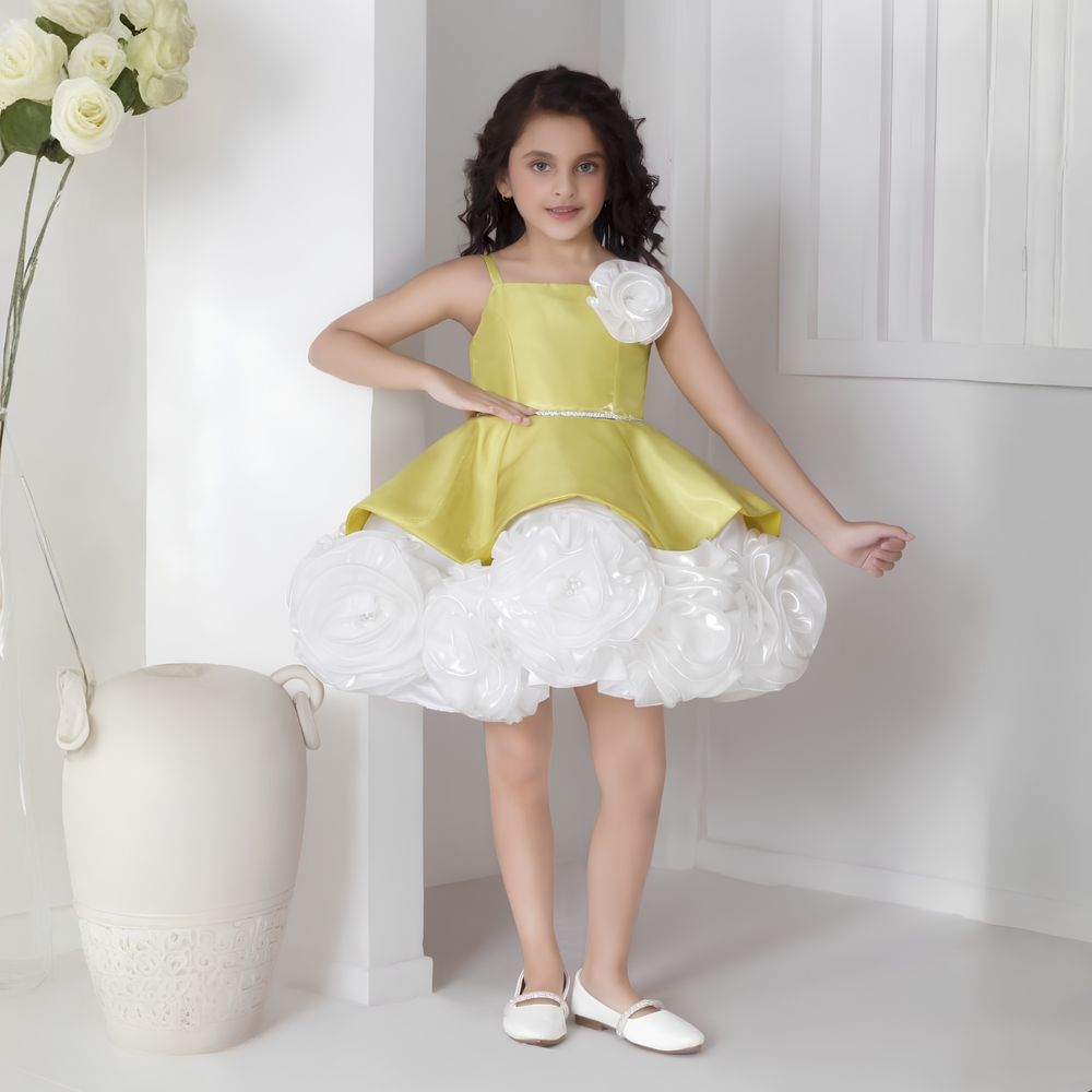 Mustard Floral Embellished Party Wear Frock For Girls