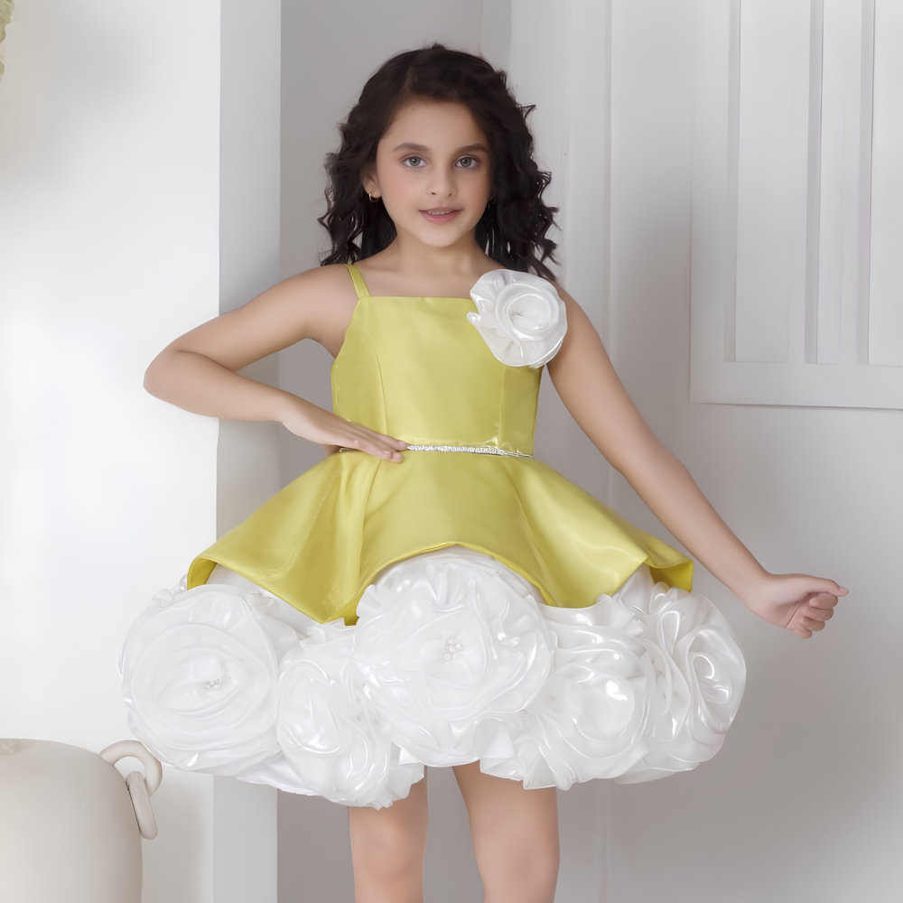 Mustard Floral Embellished Party Wear Frock For Girls
