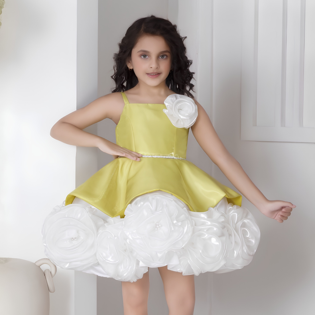 Mustard Floral Embellished Party Wear Frock For Girls