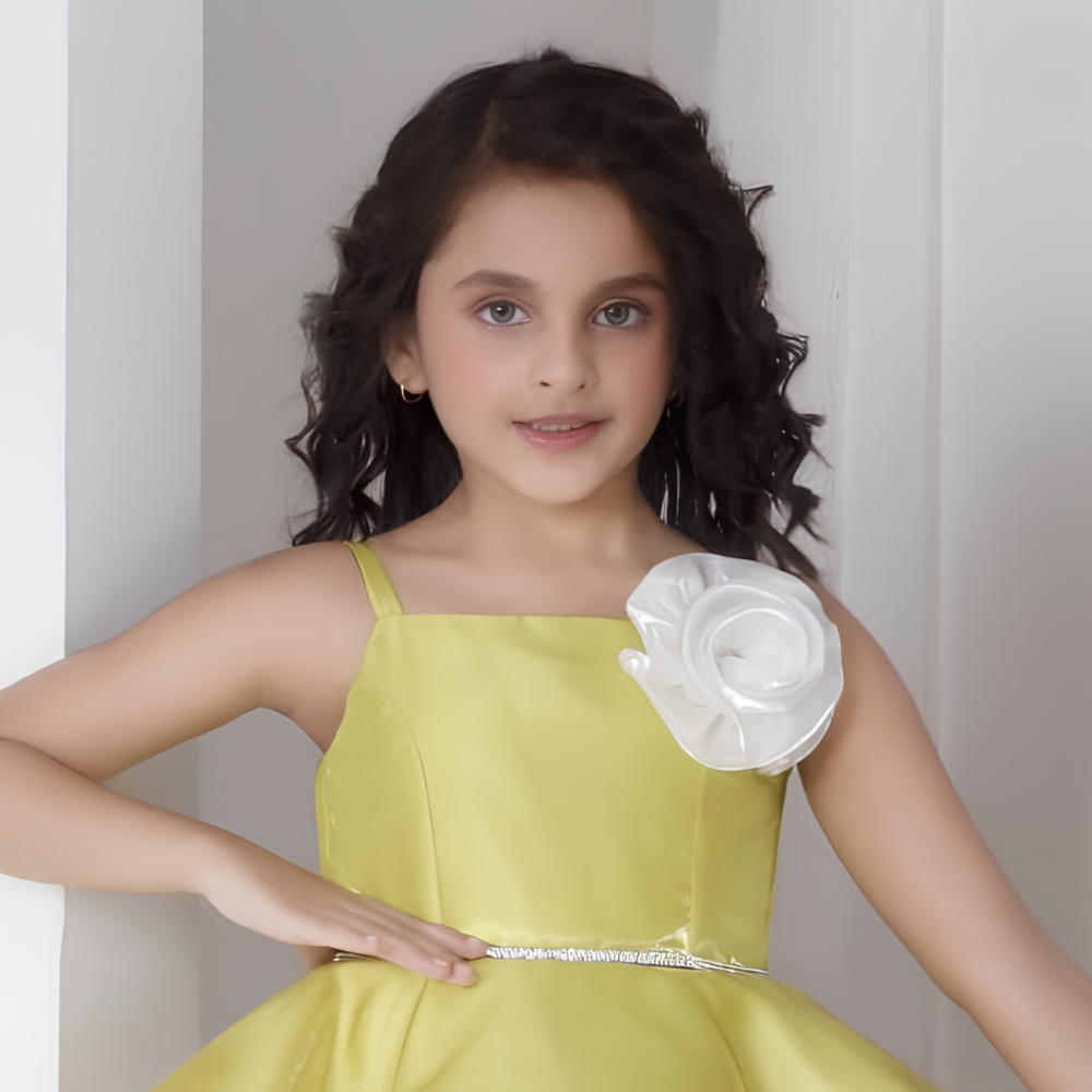 Mustard Floral Embellished Party Wear Frock For Girls