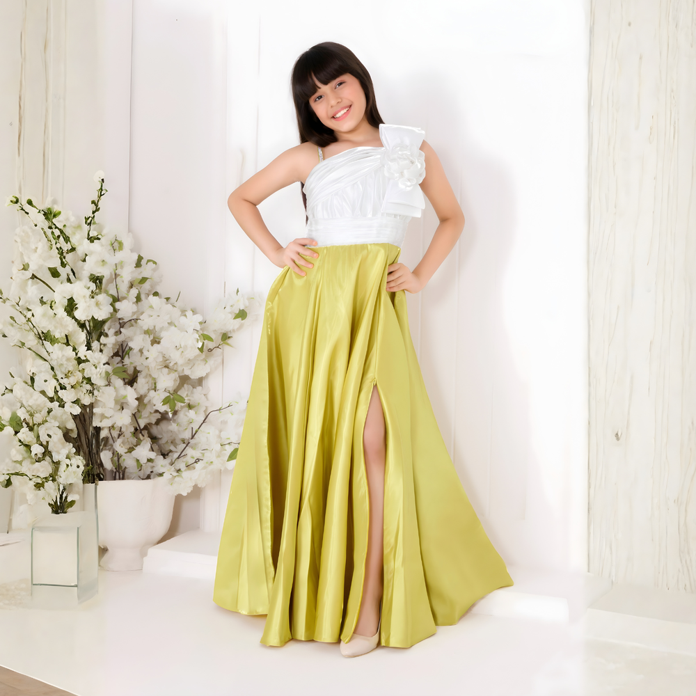 Luxury Mustard Shimmer Party Wear Gown for Girls