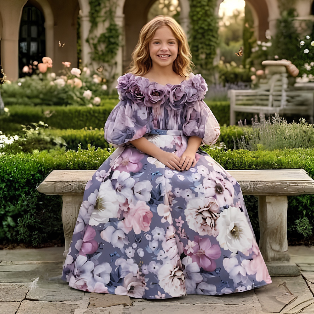 Crystal Satin Puff-Sleeve Floral Gown For Baby Girl
