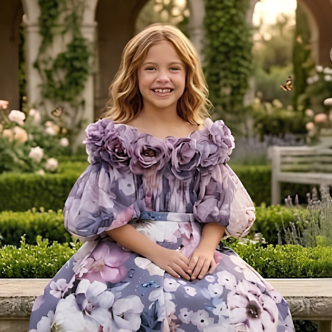 Crystal Satin Puff-Sleeve Floral Gown For Baby Girl