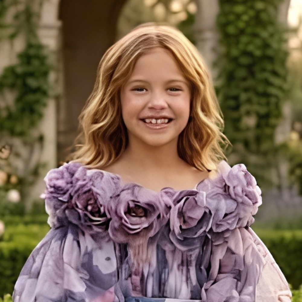 Crystal Satin Puff-Sleeve Floral Gown For Baby Girl