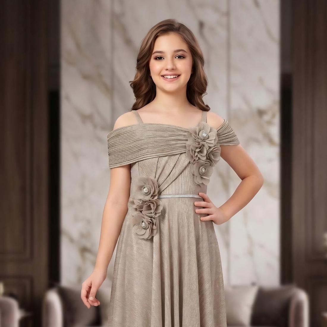 Girls Fawn Long Maxi Frock | Stylish Party Wear Gown