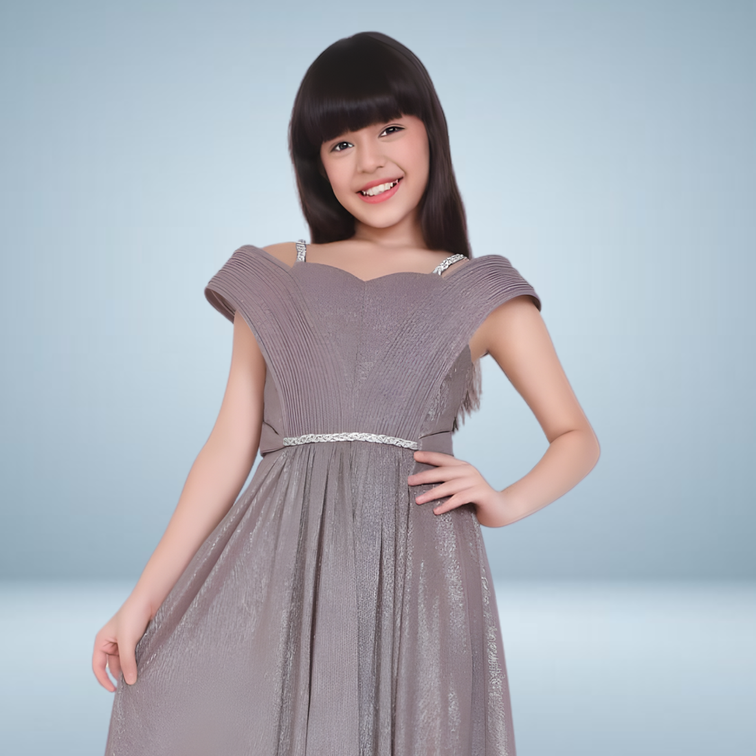 Elegant Fawn Sequined Partywear Gown For Girls