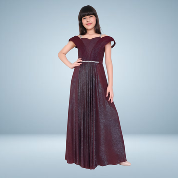 Elegant Wine Sequined Partywear Gown For Girls