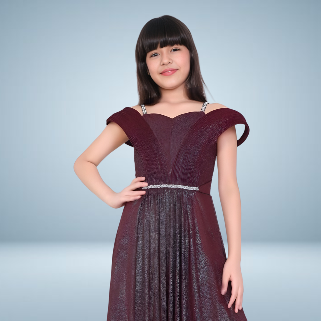 Elegant Wine Sequined Partywear Gown For Girls