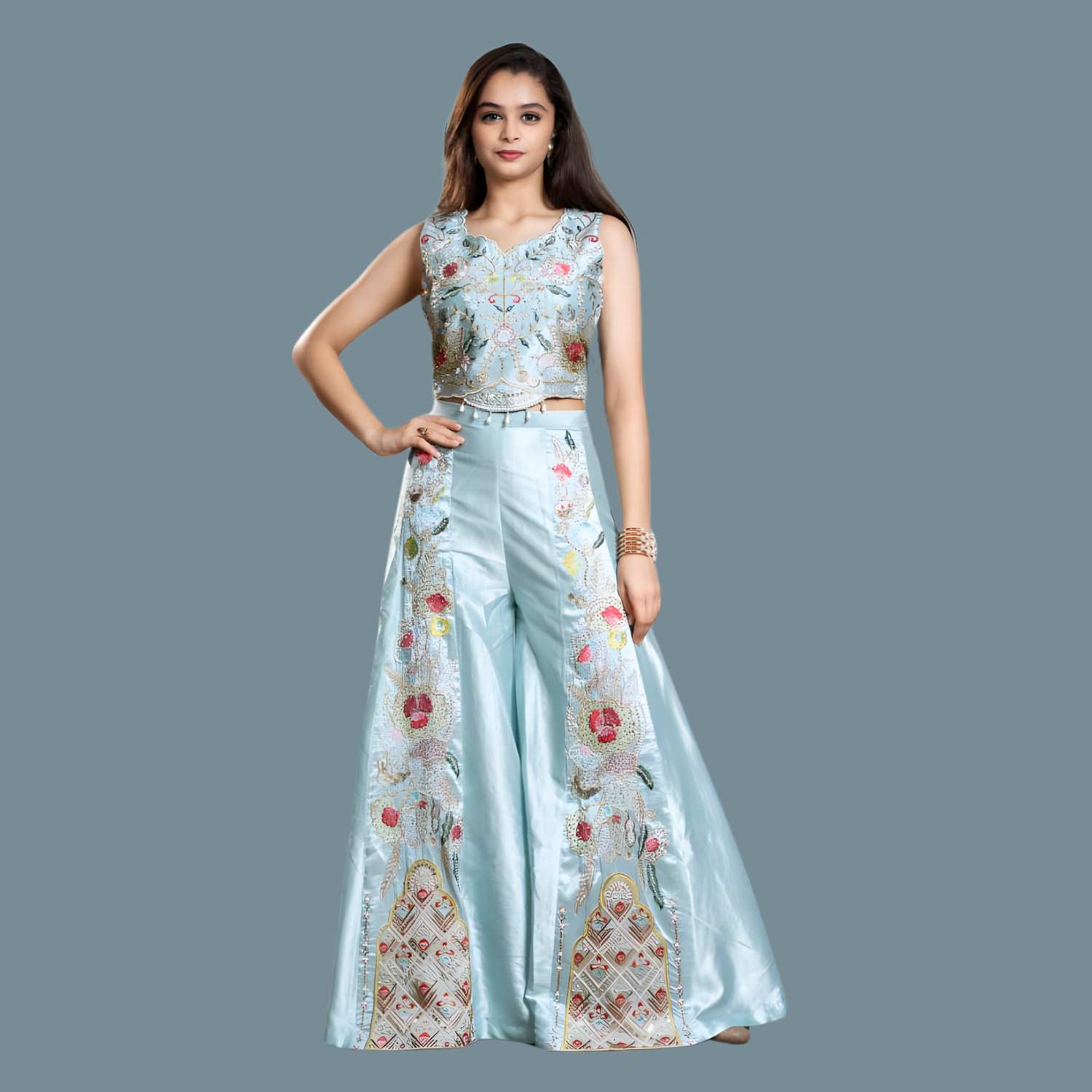 Green Embellished Georgette Palazzos Set