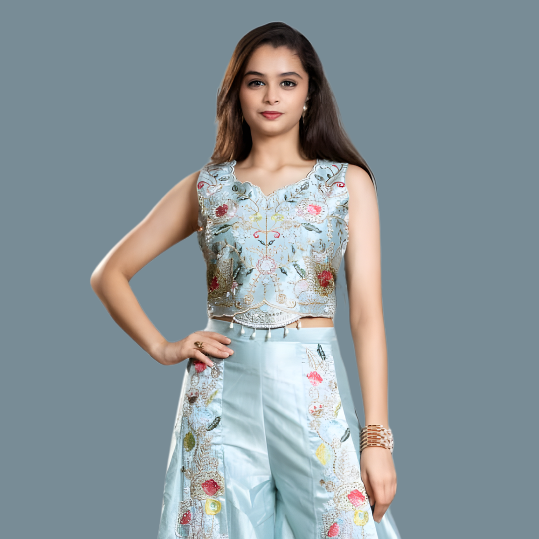 Green Embellished Georgette Palazzos Set