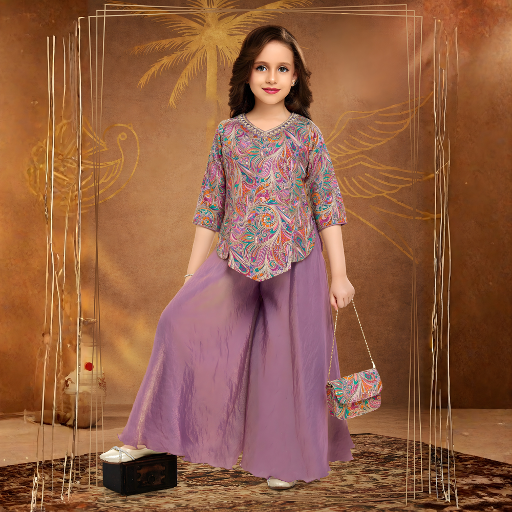 Purple Sequins Digital Print Palazzo Suit Set For Girls