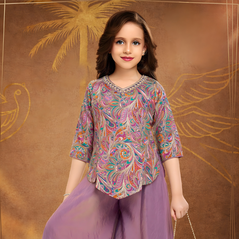 Purple Sequins Digital Print Palazzo Suit Set For Girls