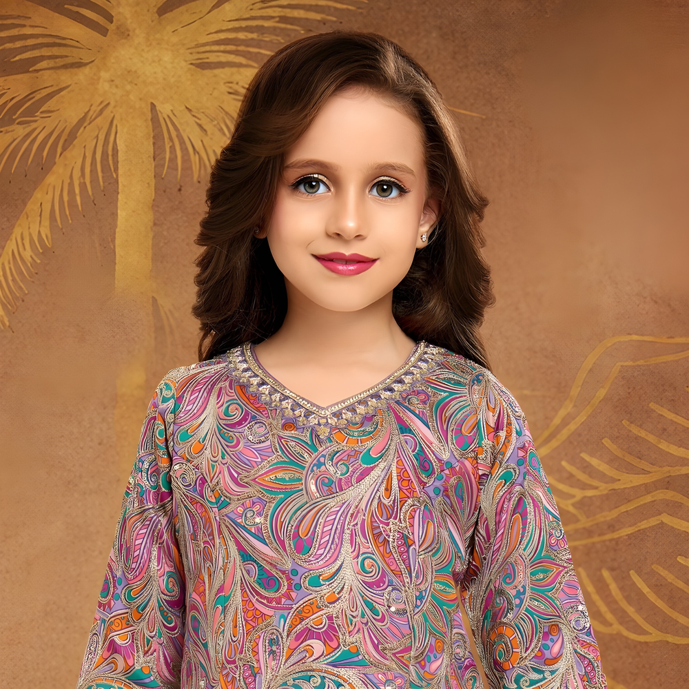 Purple Sequins Digital Print Palazzo Suit Set For Girls