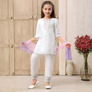 Premium Girls' White Kurta Set For Kids