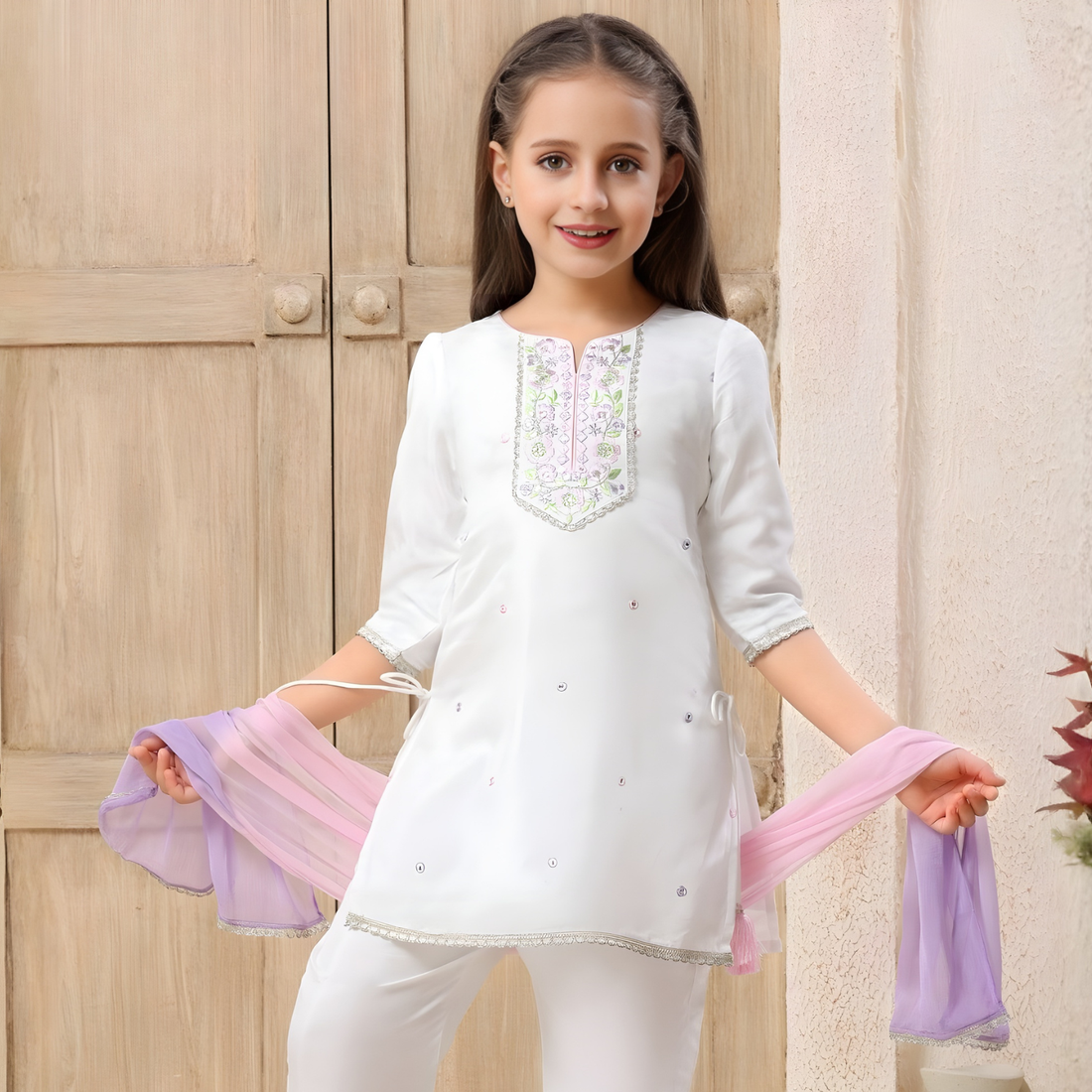 Premium Girls' White Kurta Set For Kids