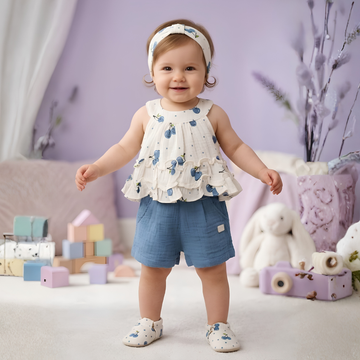 Girls Blue Floral Printed Ruffle Top & Shorts Set