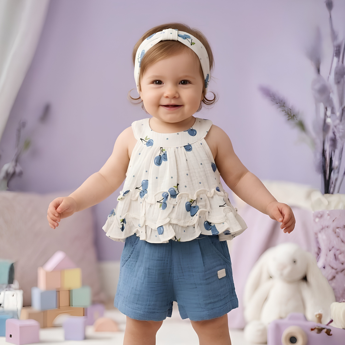 Girls Blue Floral Printed Ruffle Top & Shorts Set