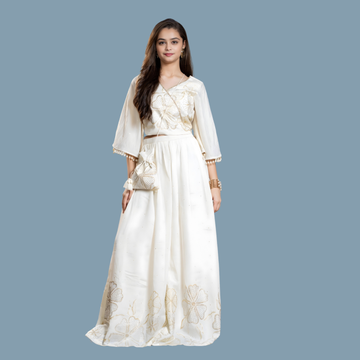Designer Cream Embroidered Palazzo Set with Potli Bag for Girls