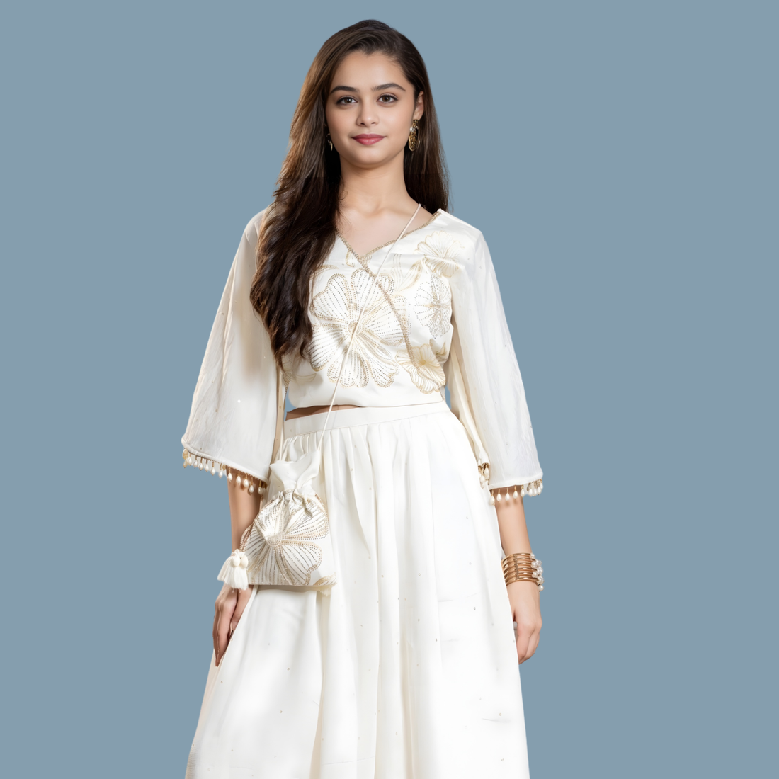 Designer Cream Embroidered Palazzo Set with Potli Bag for Girls