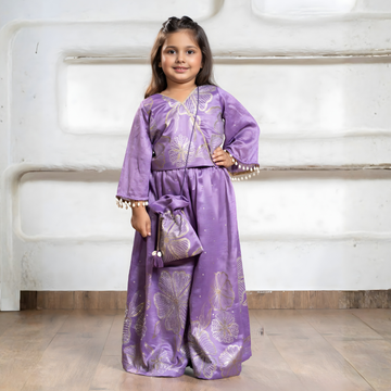 Designer Purple Embroidered Palazzo Set with Potli Bag For Girls