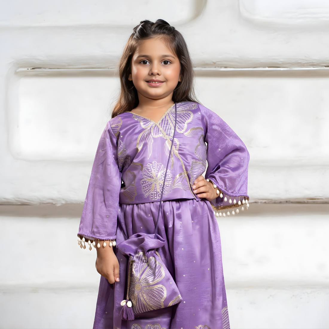 Designer Purple Embroidered Palazzo Set with Potli Bag For Girls