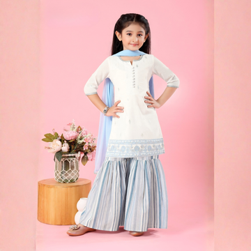 Girls White Embroidered Kurti Sharara Set with Dupatta