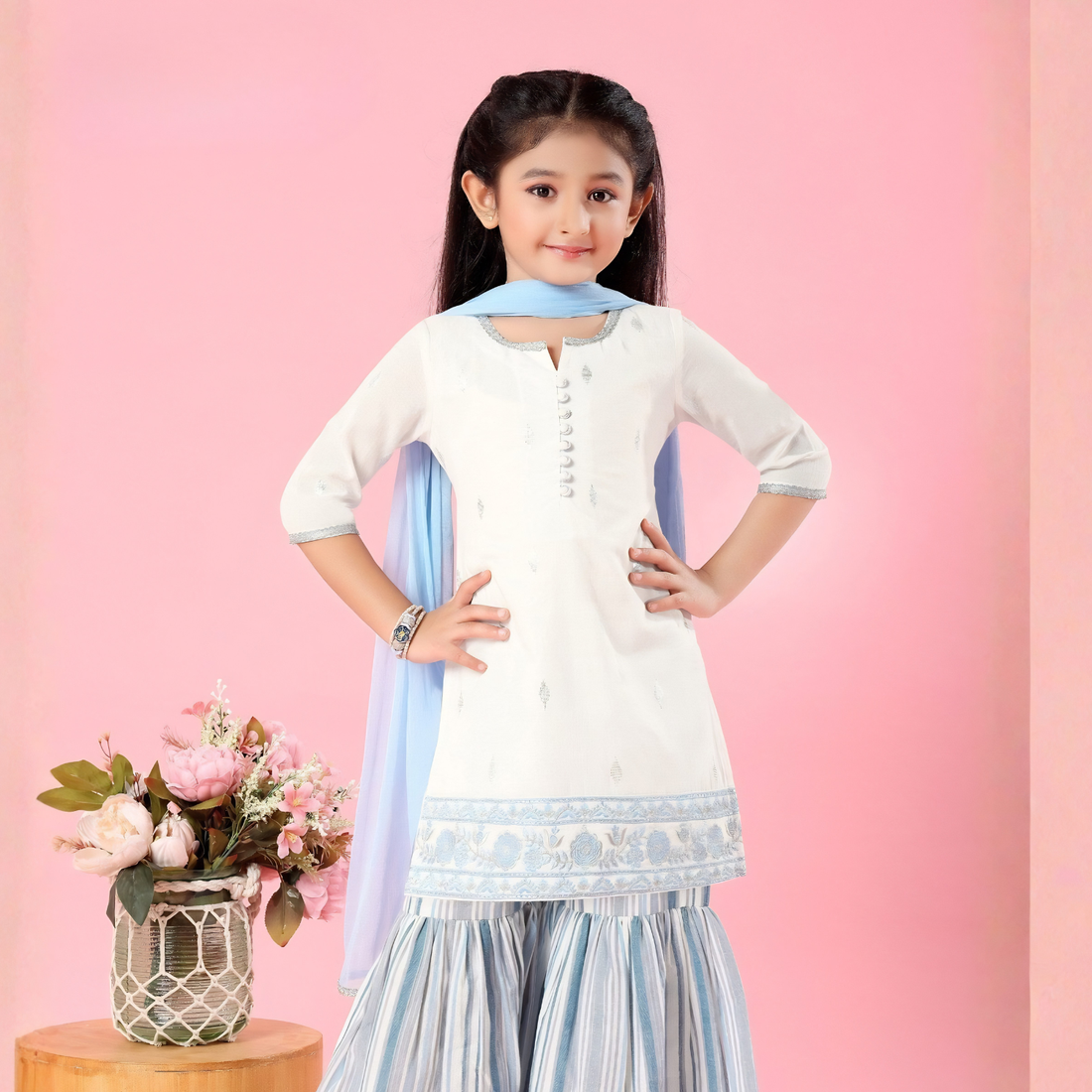Girls White Embroidered Kurti Sharara Set with Dupatta