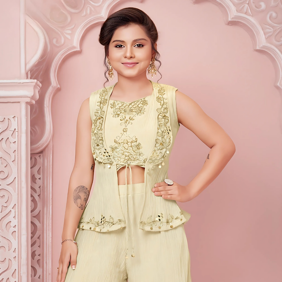 Stylish Fawn Embroidered Palazzo Suit With Jacket