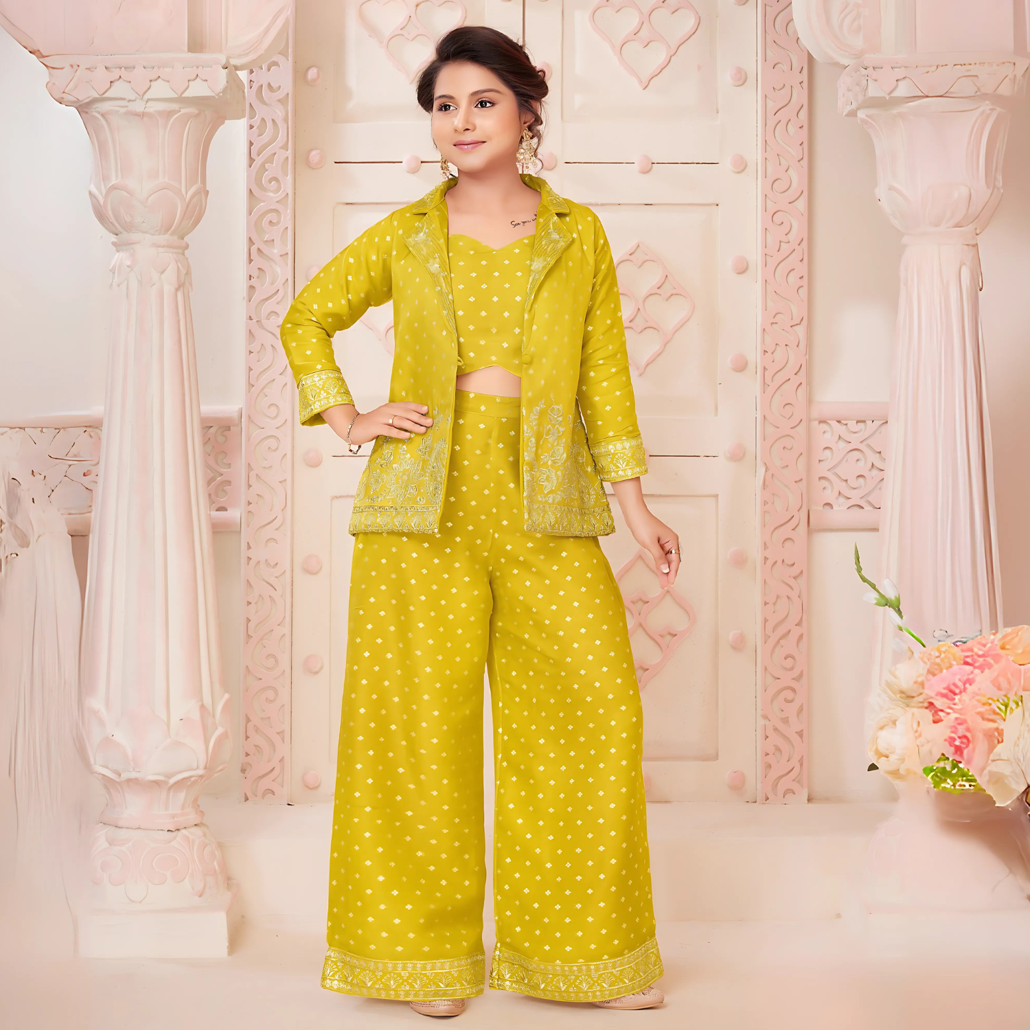 Yellow Embroidered Plazo Set with Short Jacket