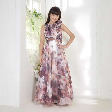 Purple Party Floral Printed Kids Satin Gown
