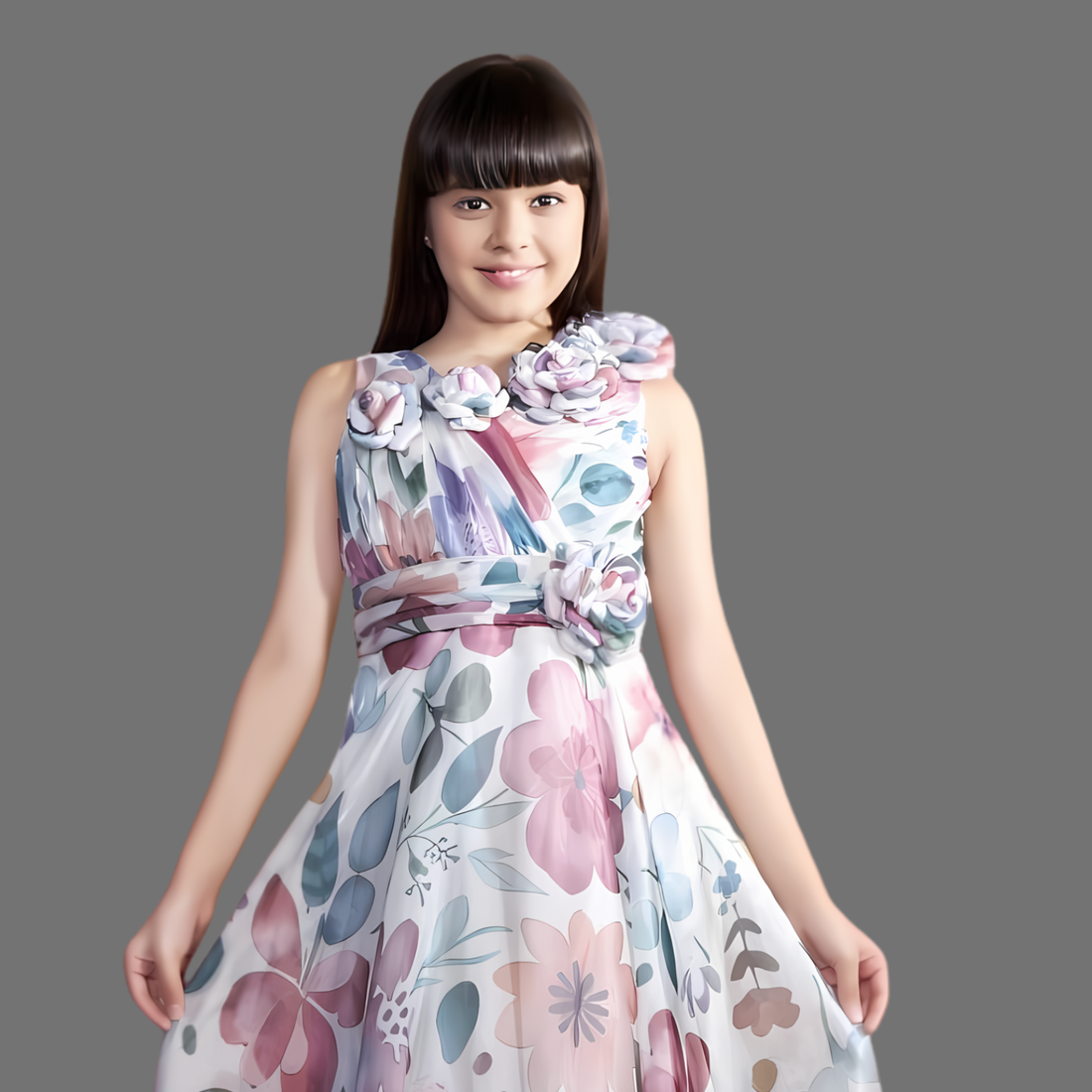White Party Floral Printed Kids Satin Gown