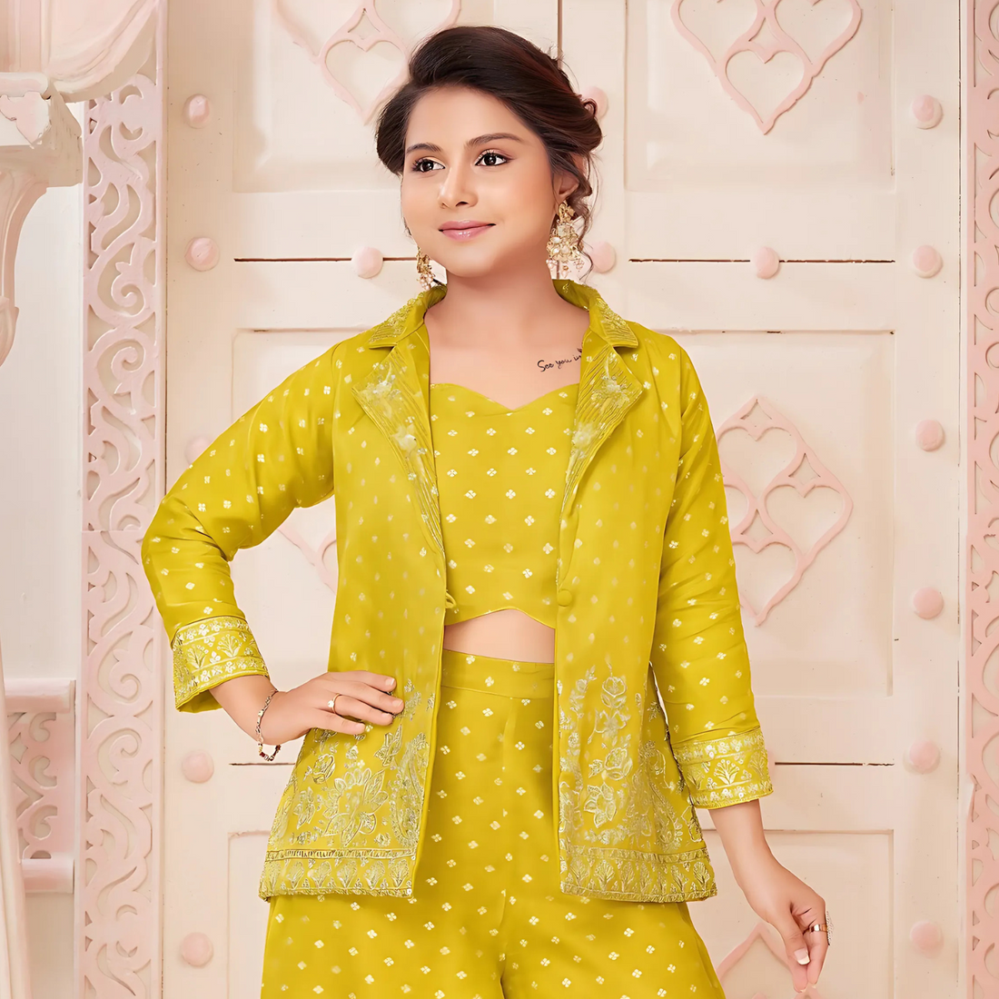 Yellow Embroidered Plazo Set with Short Jacket