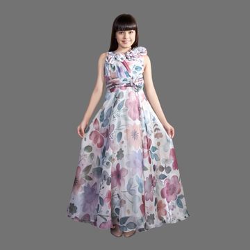 White Party Floral Printed Kids Satin Gown
