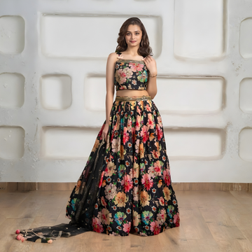 Lovely Black Floral Print Organza Readymade Lehenga Choli
