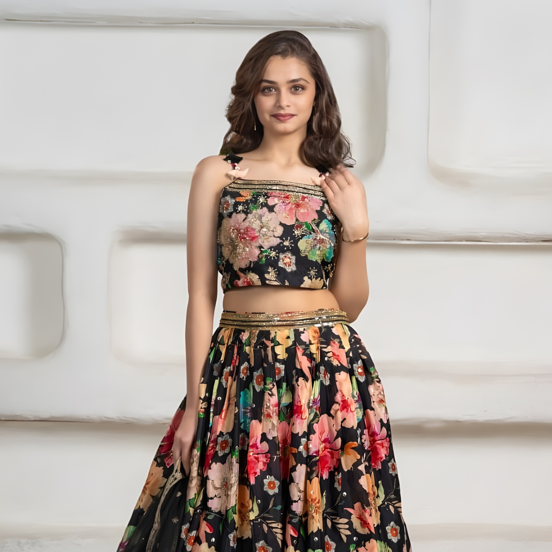 Lovely Black Floral Print Organza Readymade Lehenga Choli