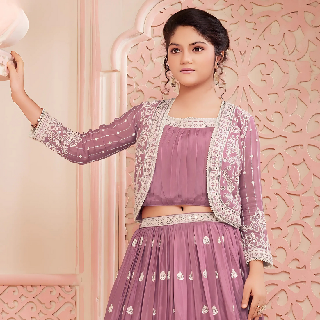 Designer Georgette Koti Lehenga Choli With Embroidery Work