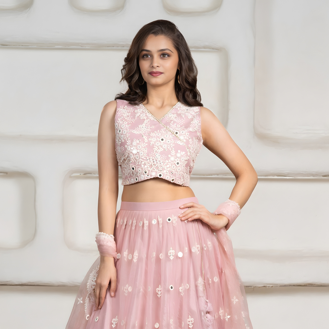 Blush Pink Embroidered Lehenga Choli Set with Dupatta For Girls