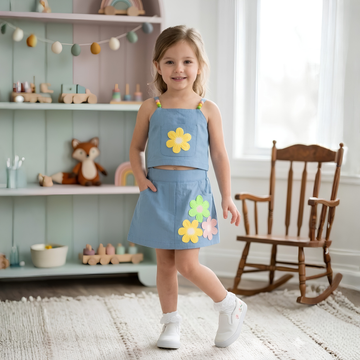 Baby Girl Floral Top & Denim Skirt Set Casual Outfit