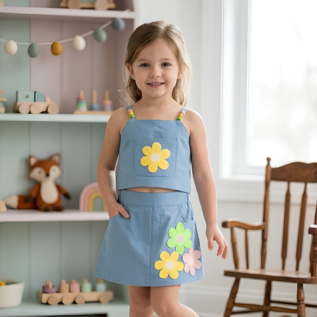 Baby Girl Floral Top & Denim Skirt Set Casual Outfit