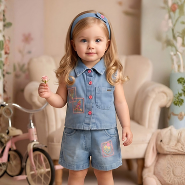 Girls Blue Floral Printed Top & Shorts Set